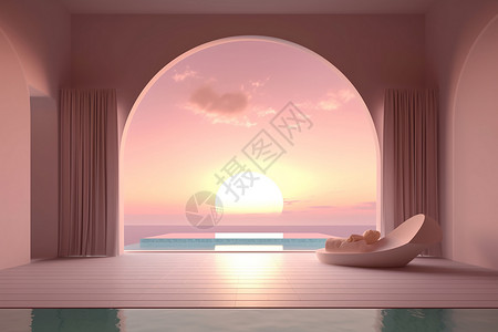 唯美的日出日落风景室内浴室背景设计图片
