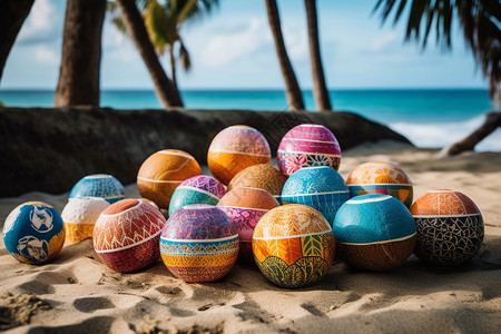 沙滩上的彩绘椰子背景图片