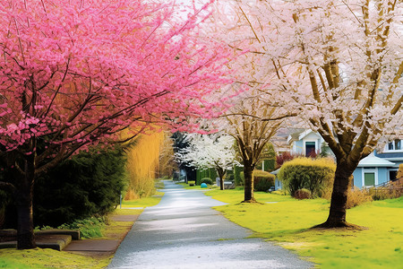 樱花树下的水泥路背景图片