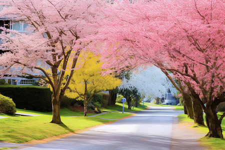 巷道樱花树下的路背景