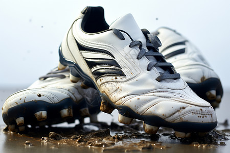 泥土上的白色足球鞋背景图片