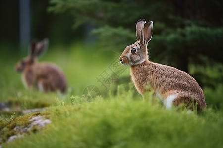 夏季草地上的野生兔子背景图片