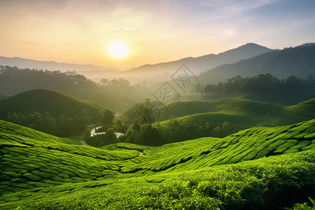 清晨美丽的山中茶园图片