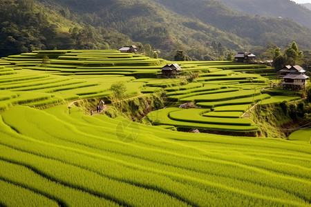 夏季梯田水稻种植园图片