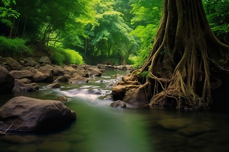 森林中缓缓流淌的小溪流高清图片