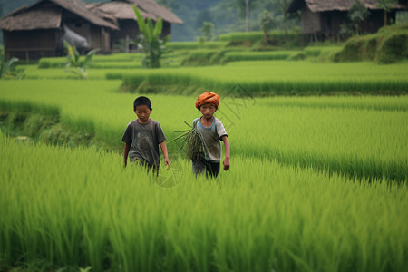 夏季水稻田中的儿童图片