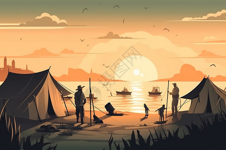 海滩上扎营的渔民平面插图背景图片