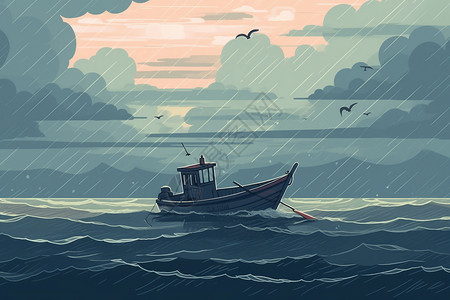海浪中行驶的渔船插图图片