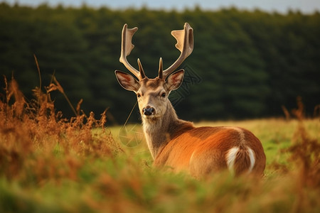 长角的鹿动物鹿长草高清图片