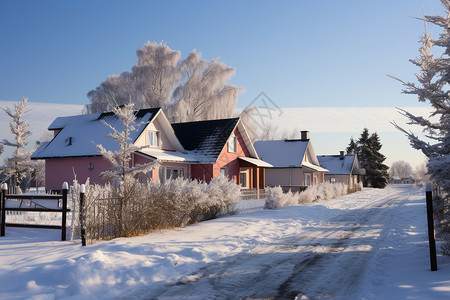 手绘房屋的积雪雪天的住宅背景