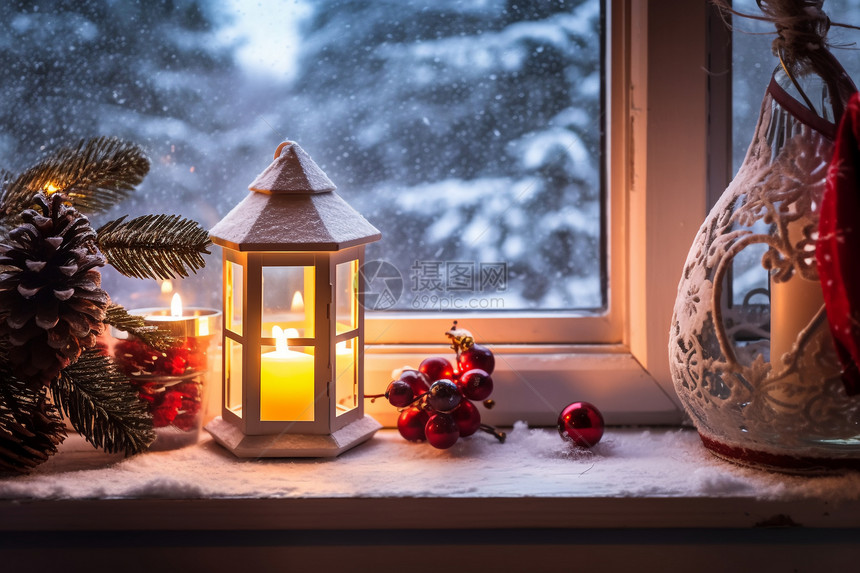 冰冻窗户上的圣诞和装饰品图片