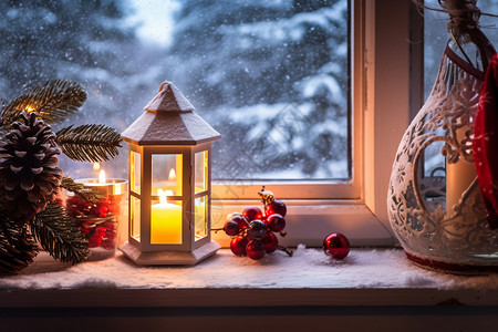 冰冻窗户上的圣诞和装饰品图片