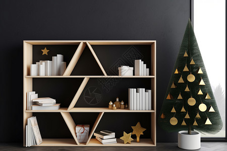 圣诞树旁边的书架背景图片