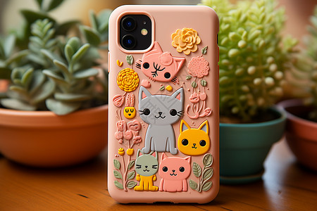 猫和手机手工艺术动物图案手机壳背景