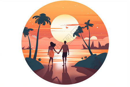 金色剪影皮影戏夫妇在沙滩散步插画