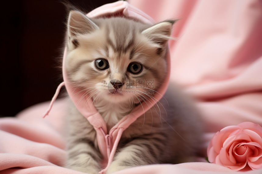 趴在粉色毛毯上的毛图片
