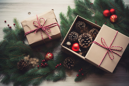 松果圣诞树和礼盒背景图片