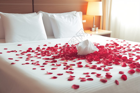 撒满玫瑰花的大床背景图片