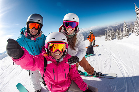 户外雪山中滑雪的一家人背景图片