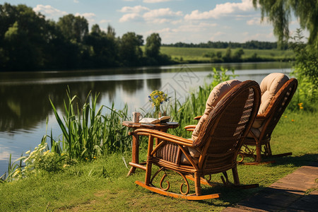 乡村河边休闲的藤椅图片