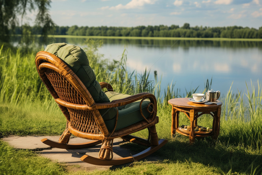 夏季乡村河流休闲的藤椅图片