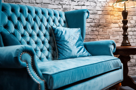 蓝色皮革餐椅古董沙发背景