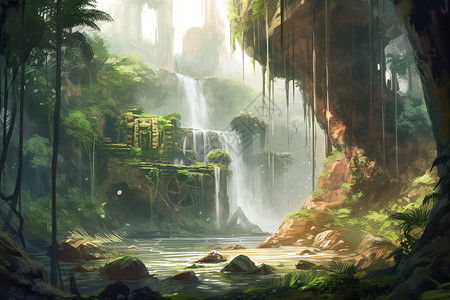 夏季森林中的瀑布景观插图高清图片