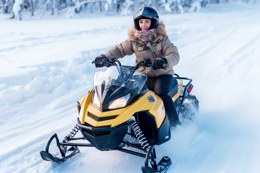 冬天骑行雪地摩托的女子图片