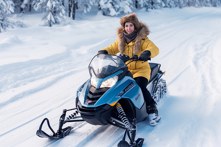 雪山中骑行雪地摩托的女子图片