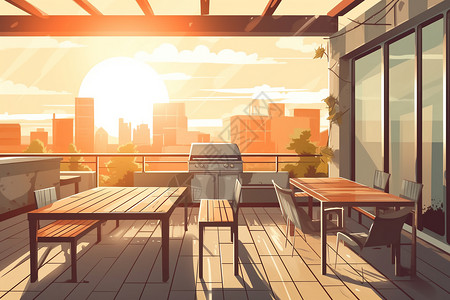 夏天露天阳台的烧烤区插图高清图片