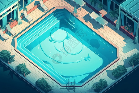 豪华室内豪华清新游泳池平面插图插画