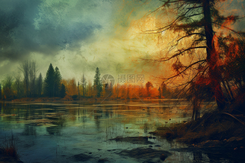 森林湖泊景观的艺术插图图片
