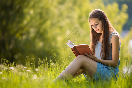 女孩在户外阅读背景图片