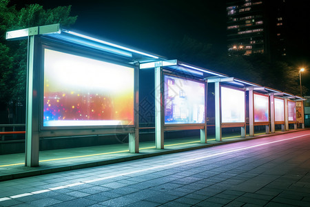 夜晚发光的车站广告牌图片