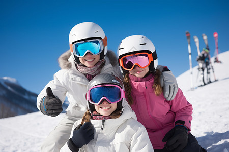 一家人冬天热爱滑雪运动的一家人背景