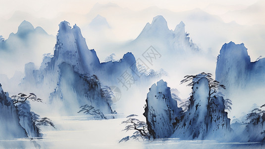 山间河流水墨画图片