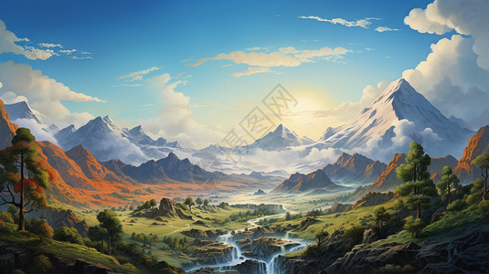 夏季高原山间的油画插图图片