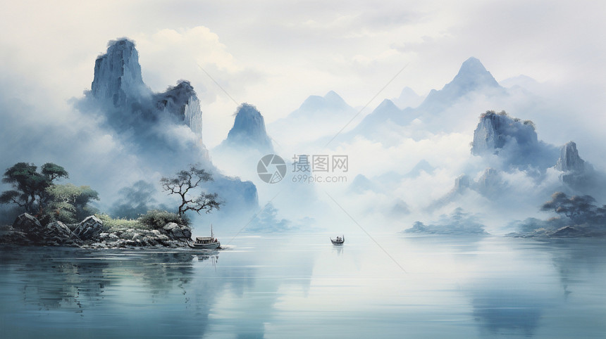 中国风格山脉风景水墨画图片