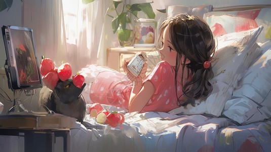卧室床上悠闲的女孩和猫咪图片
