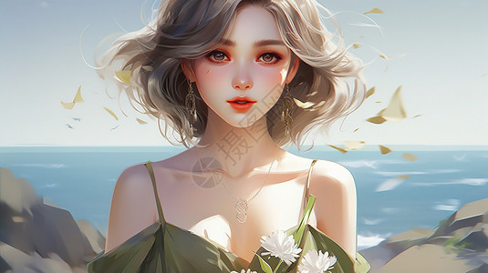 海边穿搭海边的美丽清新艺人少女插画