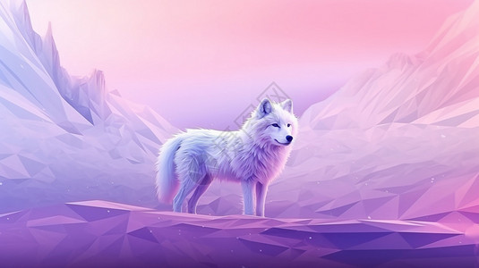 大礁石冰面渐变紫色背景下的大白狐插画