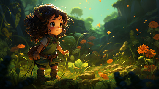 梦幻森林中探险的小女该插图高清图片