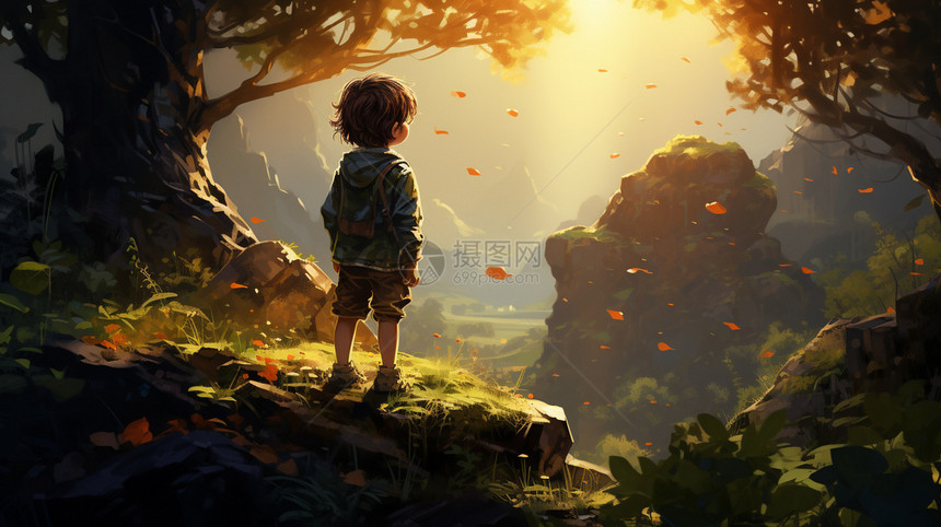 神秘森林中站立的小男孩图片