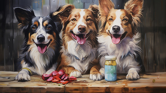 油画风格的可爱狗狗插图图片