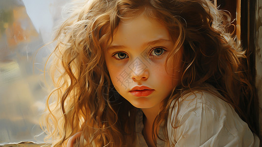 可爱的外国小女孩油画插图图片