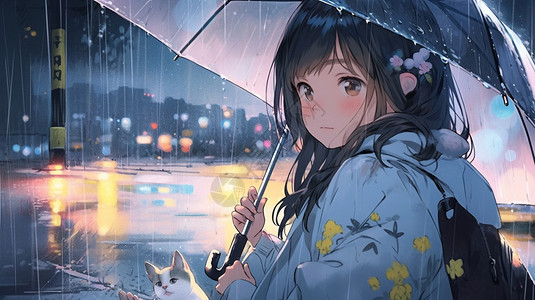 二次元雨天撑伞的小女孩插图图片