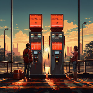 汽车加油站油画插图背景图片