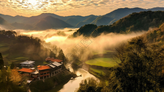 日出山间梯田的美丽景观图片