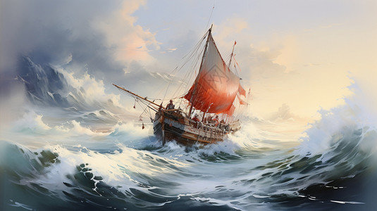 大海波浪中的商船插图图片