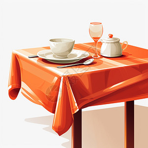 橙色桌布餐桌上的餐具插图图片